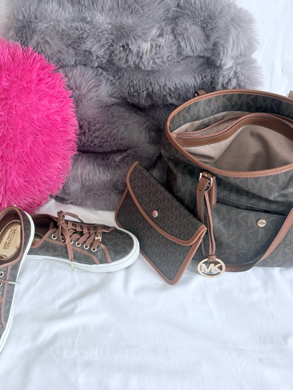 Michael Kors Brown Monogram Tote, Wallet & Sneakers Set